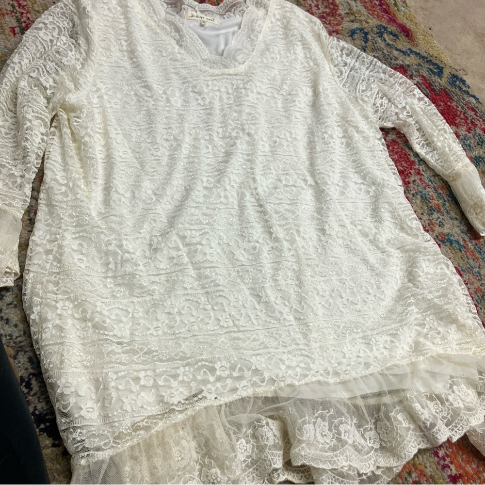Indigo Soul Top xl  Tunic Taupe Lace Knit Net Layered Overlay Long Sheer Sleeve